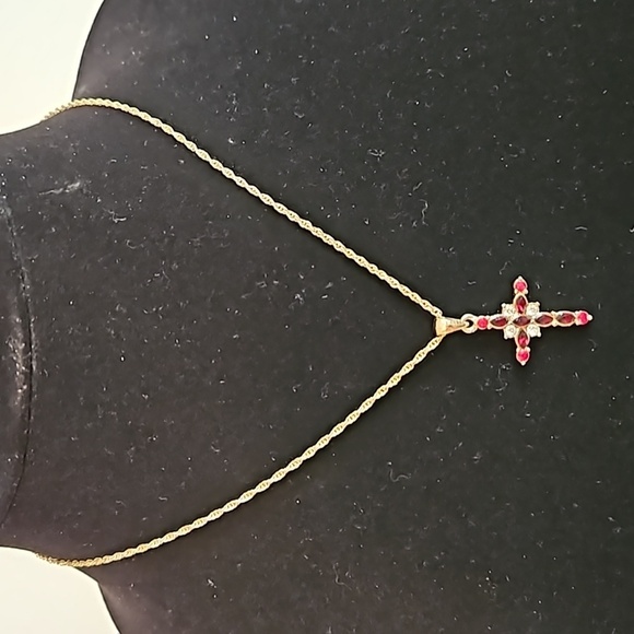 Red & Clear Rhinestones Goldtone Cross on 16" Rope Chain Necklace - Picture 1 of 7